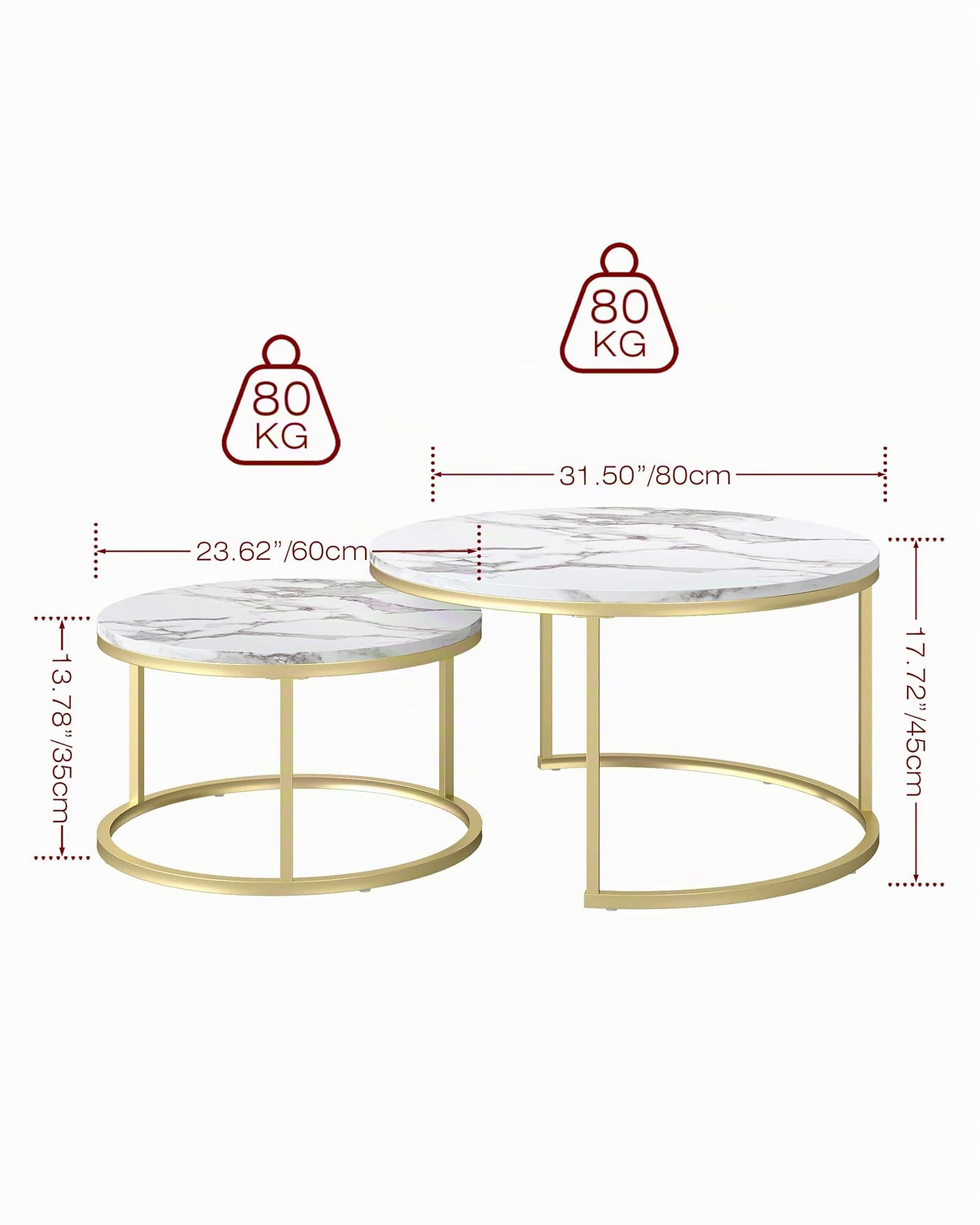 Mesa Auxiliar Sofa con Marco Dorado, Mesa de Centro Redonda con Efecto de mármol Blanco, Juego de 2 Piezas de Coffee Table, Mesa de Centro Blanca Moderna