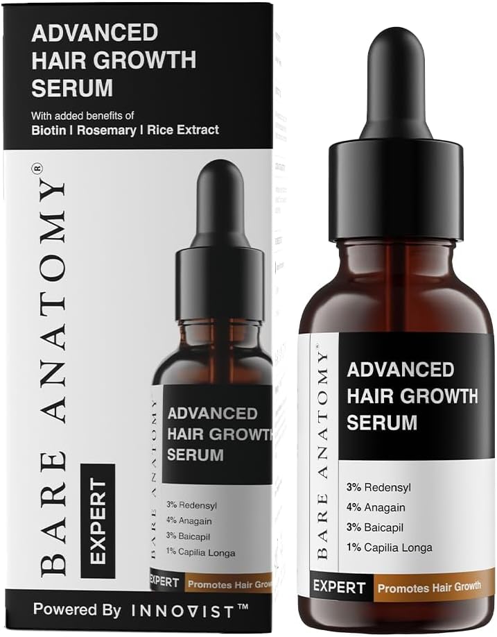 Bare Anatomy Advanced Hair Growth Serum | 3% Redensyl + 4% Anagain + 3% Baicapil + 1% Capilia Longa, Rosemary, Biotin & Rice Extract | Hair growth & Hair fall control serum for Women & Men | 30mL