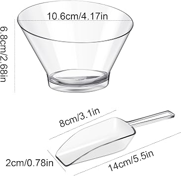 Sawysine 12 Pcs Plastic Clear Serving Bowls with Kitchen Plastic Scoops Salad Serving Bowls Popcorn Scoops Angled Candy Container for Salad Cooking Parties, 210 ml