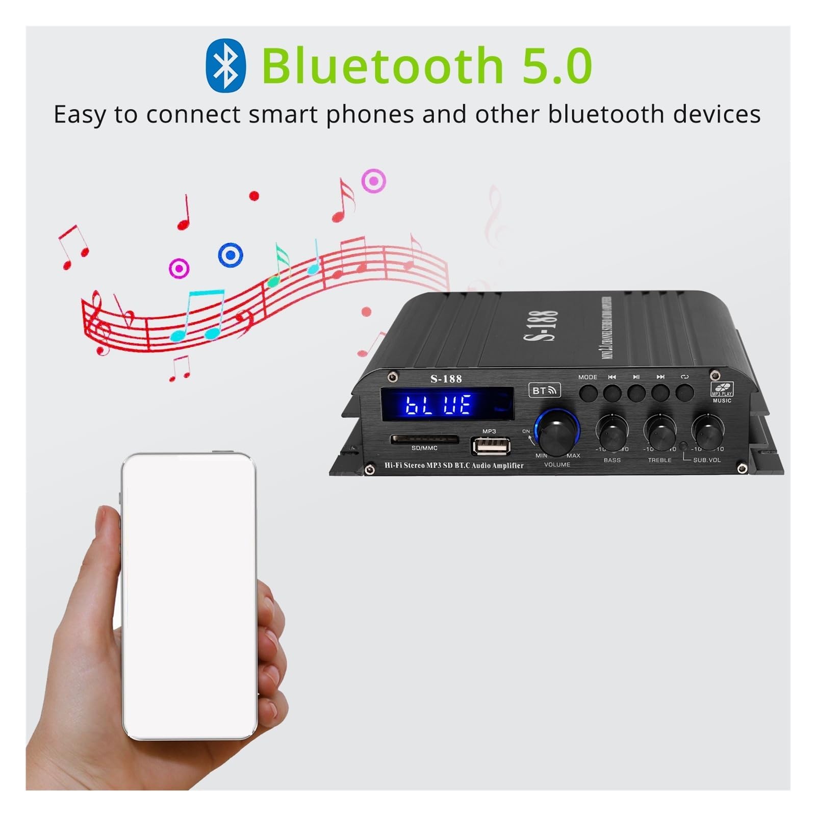 Wzmacniacz stereo Bluetooth HiFi Wzmacniacz mocy Basy i wysokie tony Odtwarzacz muzyczny Głośnik 90 W,Dokładna reprodukcja