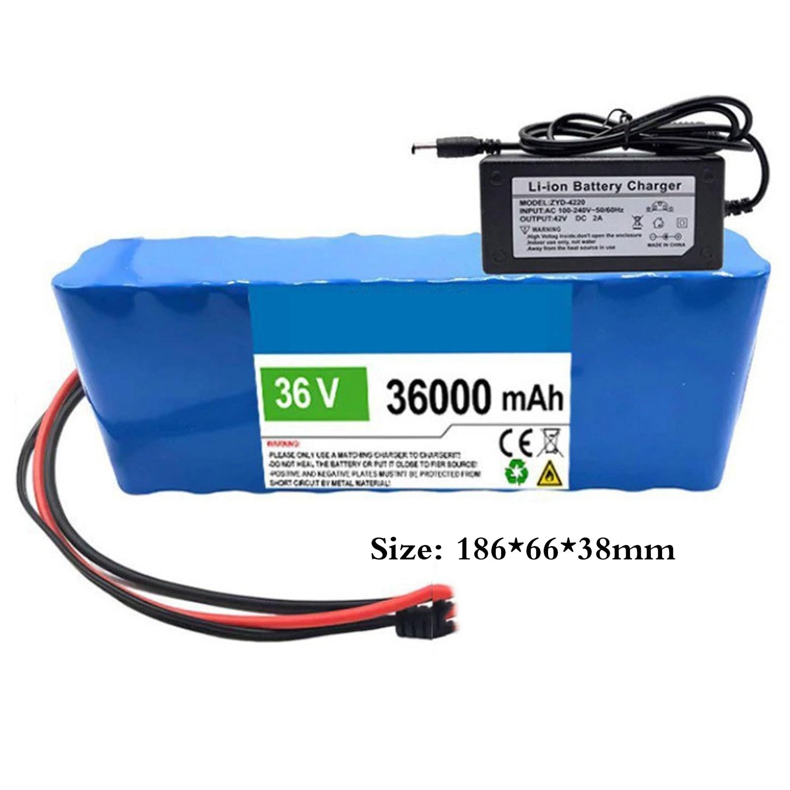36V 36Ah batería de Iones de Litio Recargable 10S2P con Cargador y BMS Carcasa de PVC impermeable Resistente a la abrasión para Kit de Motor de Menos de 500 W 36V 36ah,XT60+JST