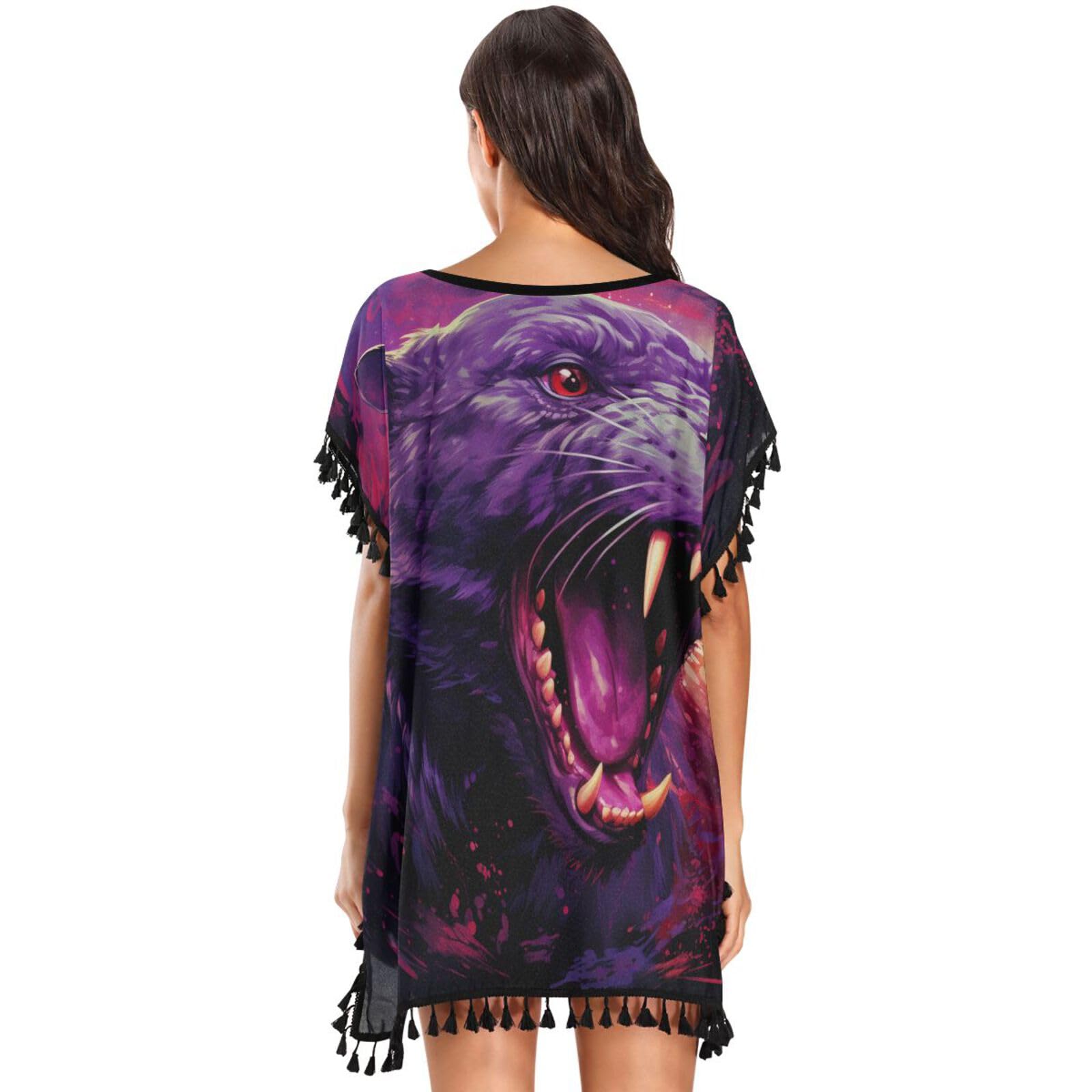 Purple Abstract Fire Leopard Women's Beach Cover Up Chiffon Tassel Swimwear Swimsuit Coverups for Girl
