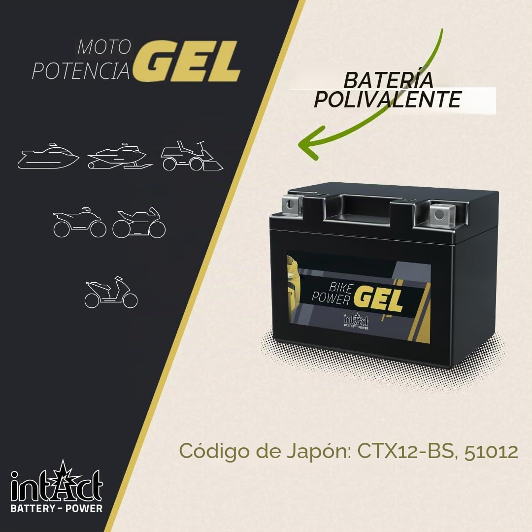 intAct - Bike-Power GEL12-12-BS, CTX12-BS, 51012, Batería de moto 12V 10 Ah 210 A (EN), Batería de gel de moto sin mantenimiento con un 30% más de potencia de arranque, para scooters, motos, quads