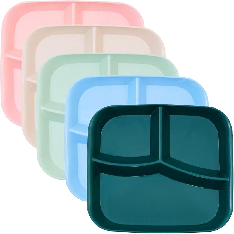 Unbreakable Divided Plates 10 Inch 5 PCS,Reusable Wheat Straw Kids Plates，Microwave And Dishwasher Safe, Perfect For Kids And Adults