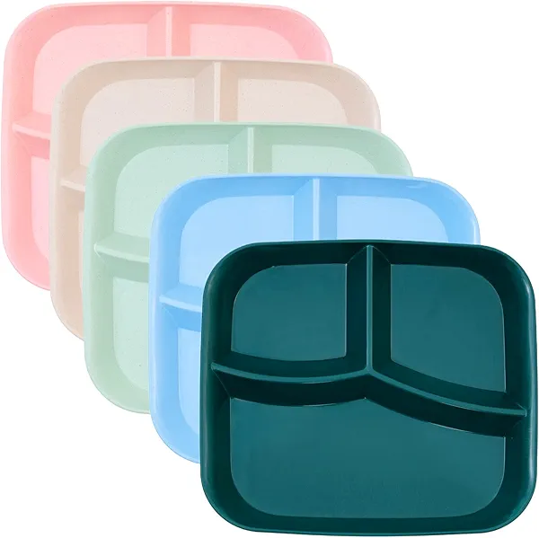 DYB DONGYONGBAO Unbreakable Divided Plates 10 Inch 5 PCS,Reusable Wheat Straw Kids Plates，Microwave And Dishwasher Safe, Perfect For Kids And Adults