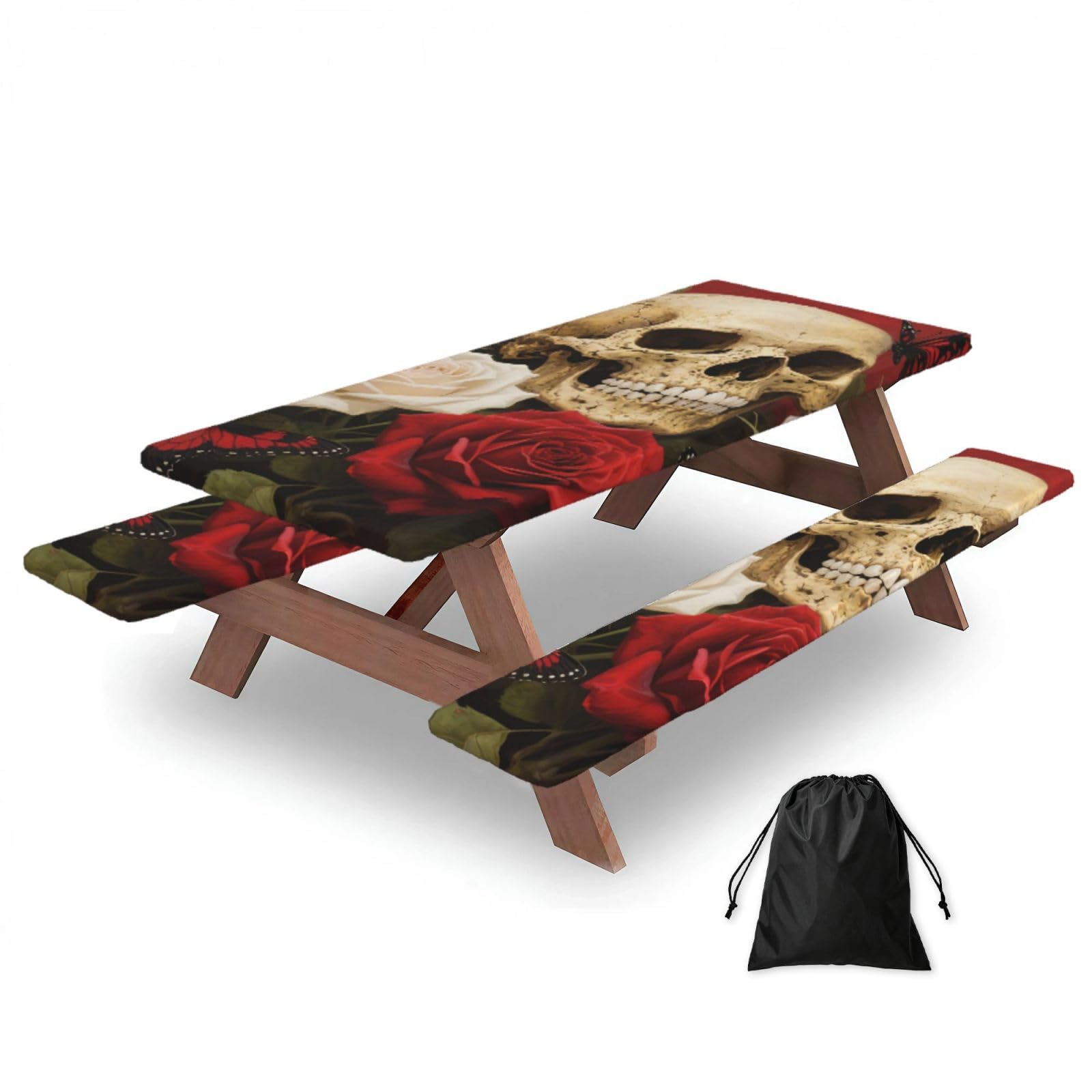 FekiLoot Vintage Rose Skull Picnic Table Cover with Bench Covers and Bag, Windproof Waterproof Rectangle Tablecloth with Elastic Edges Fitted Camping Table Covers Portable Camping Accessories