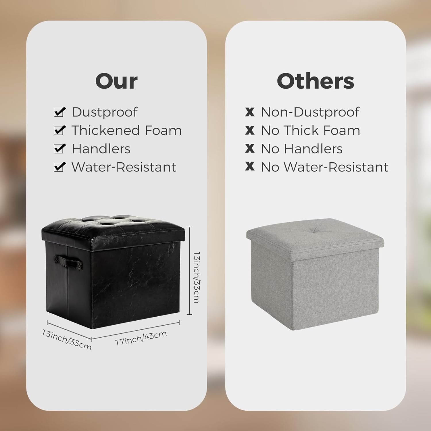 Storage Ottoman Footrest Stool. Foldable Oil Waxed Leather Footstool with Thicker Foam Padded Seat. Small Ottoman with Storage Bench for Living Room Bedroom 350 lbs, 17x13x13in, Black. - Image 2