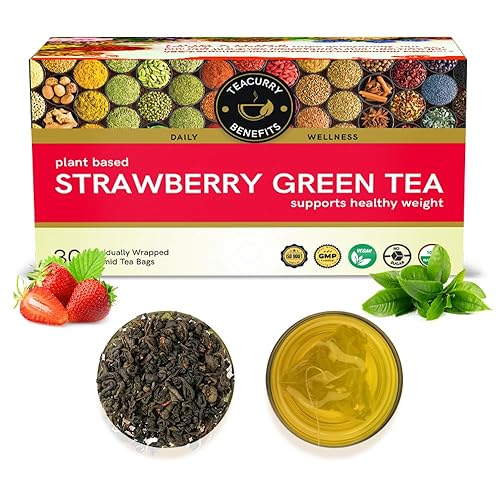 TEACURRY Té verde fresa (paquete de 1 mes, 30 bolsas de té) Sabor dulce de fresa Hecho con hoja pura e ingredientes naturales Inmune con vitamina
