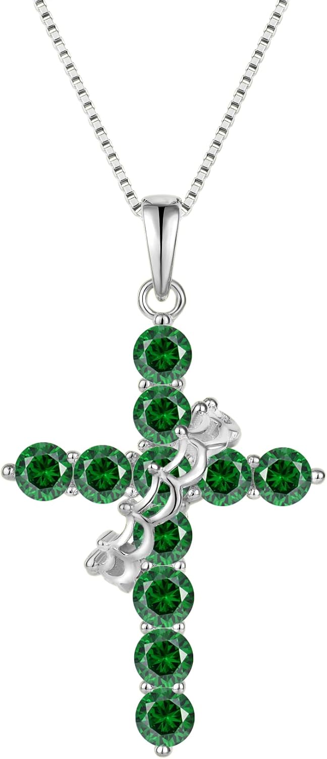 Rotated Crown Cross Necklaces for Women, 925 Sterling Silver Round Cut Zircon Neckalce Pendant With Ring Birthstones Jewelry for Her