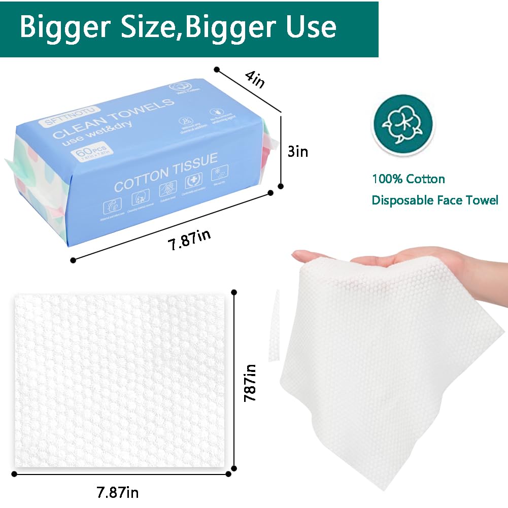 SFTTNOTU Face Towel Disposable Soft Dry Wipes Disposable Face Cloths for Washing Soft Cotton Dry Baby Skincare Portable Cleaning Wipes for Home and Travel (20x20cm 60 Counts) - Image 2