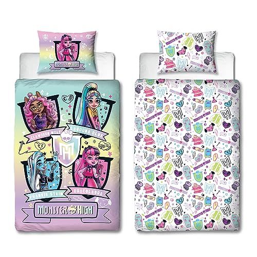 Character World Monster High Parure de lit Simple avec Housse de Couette réversible Double Face Motif féroce avec taie d'oreiller Assortie Parfait pour Chambre...