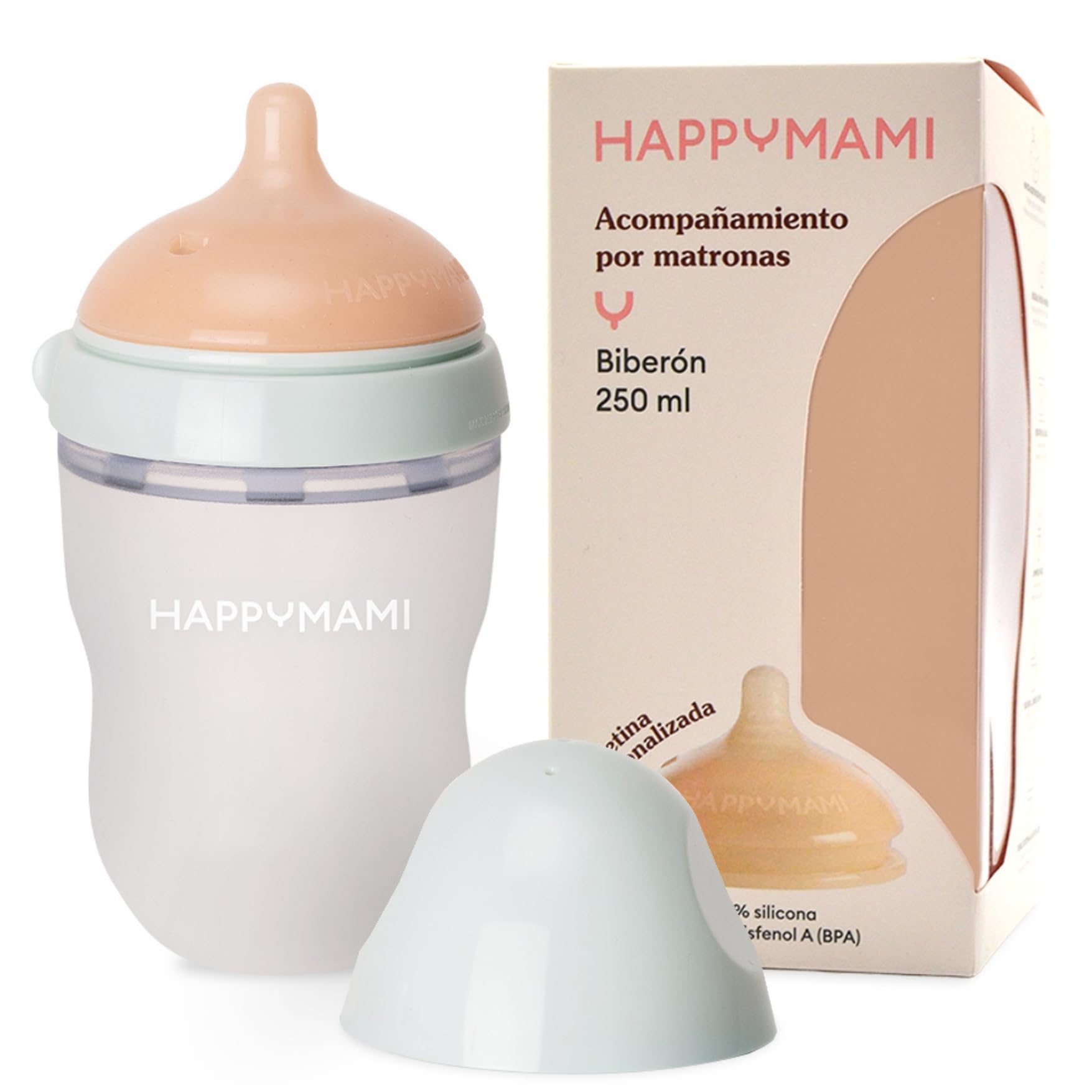 HappyMami, Biberon su Misura con Tettarella in Silicone Medico, senza BPA, doppio Sistema Anticolica, Lavabile in Lavastoviglie, adatto a ogni tipo di Allattamento. (Menta Delicato 250 ml)