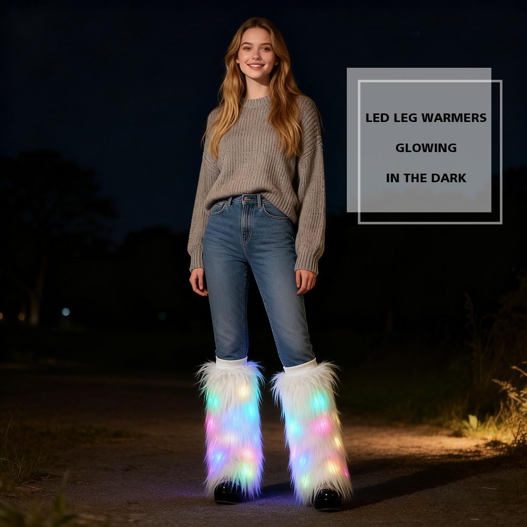 White Fur Leg Warmers Light Up Furry Leg Warmers 70s 80s Dance Hosiery Fluffy LED Long Boots Cover Sexy Carnival Costume Rave Accessories for Women Winter