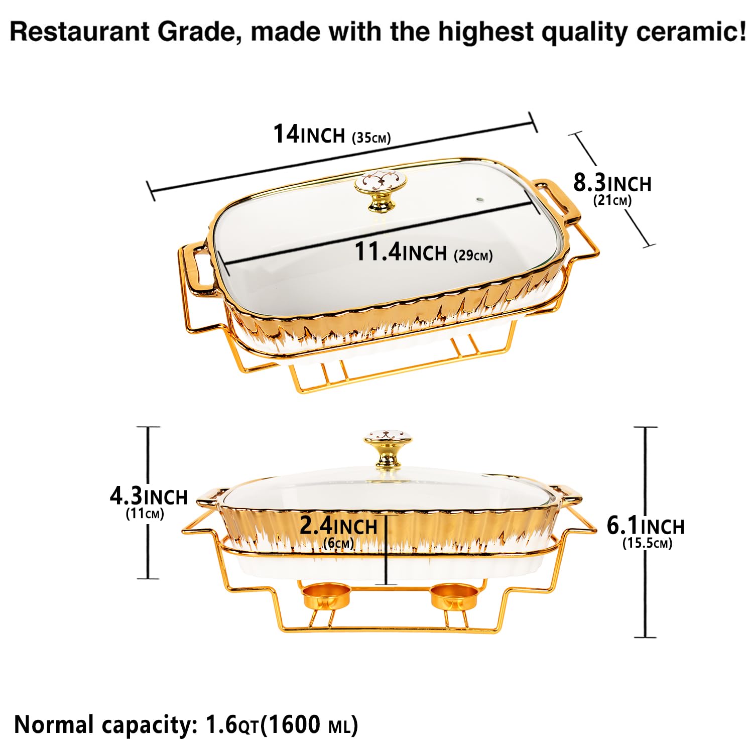 Cazuela de cerámica para hornear con tapa de vidrio y estante dorado, sartén de lasaña de 14 pulgadas de profundidad para horno, bandeja para hornear de 28 onzas con asas, apta para horno y