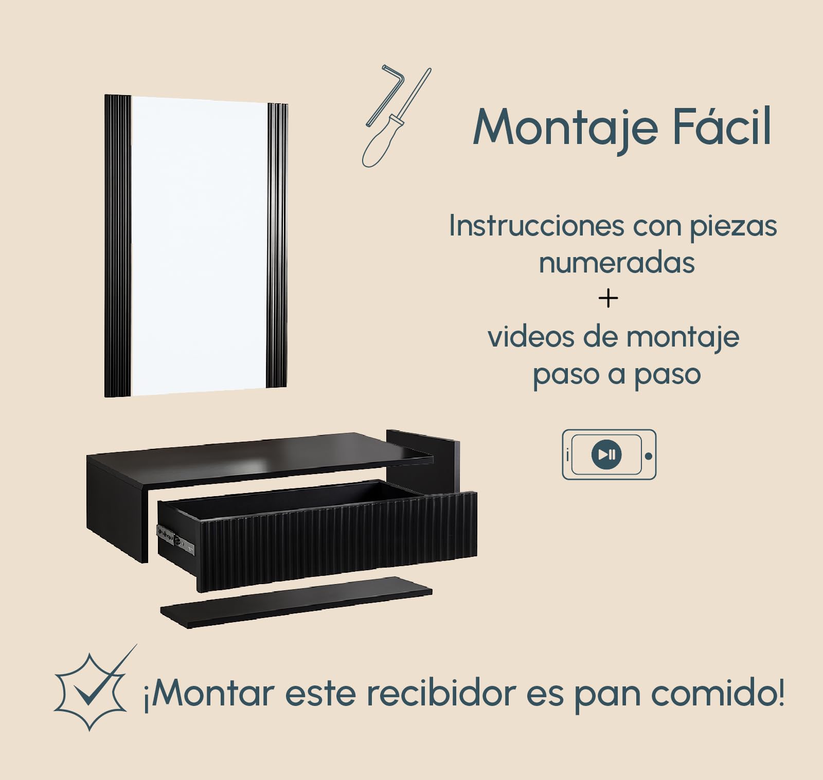 MB Muebles Bonitos, Recibidor Colgante con Espejo Amira, Mueble de Entrada con Cajón y Diseño Acanalado, Melamina y PVC, Color Negro, Ideal para Entradas y Pasillos