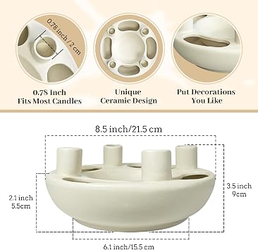 Handmade White Ceramic Candle Holder - Advent Wreath for Home Altar Decor Party Centerpieces & 6PCS White Long Taper Candles