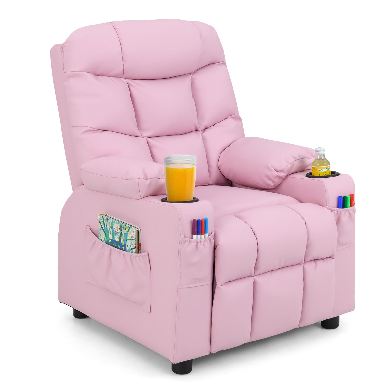 Kids Recliner, PU Leather Kids Recliner Chair w/ 2 Cup Holders