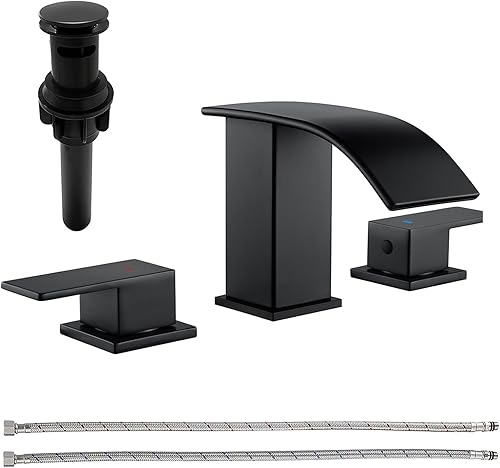 Grifos de baño en cascada para fregadero de 3 agujeros, color negro mate, grifo de lavabo con drenaje desplegable de 8 pulgadas, grifo de lavabo