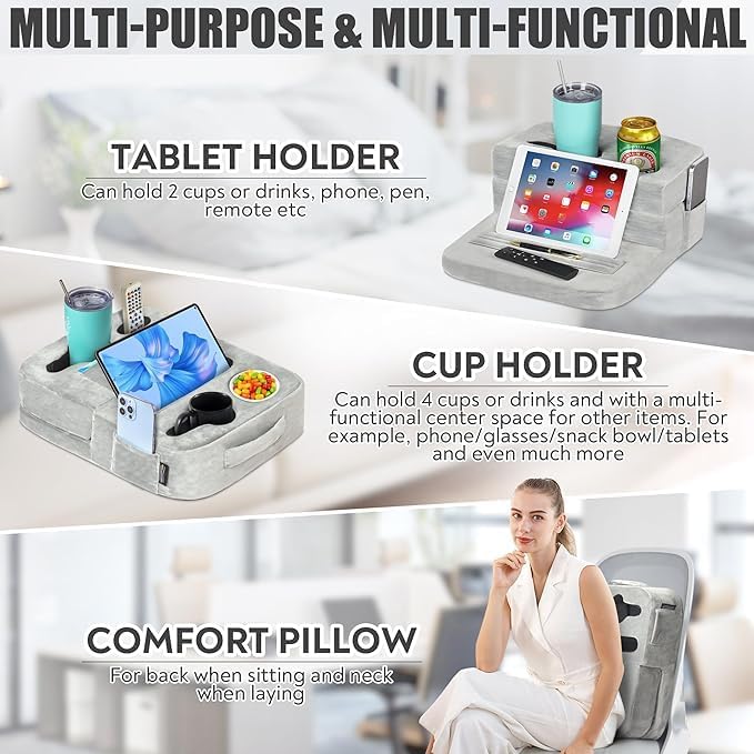 (SIMILAR TO STOCK PHOTOS)TabCouchCaddy - Couch Cup Holder Tray Pillow - Bed, Couch Caddy, Sofa, RV & Car - Holds Drinks, Snacks, Remotes, Phones, Kindle, Tablet | Bed Cup Holder (Grey)