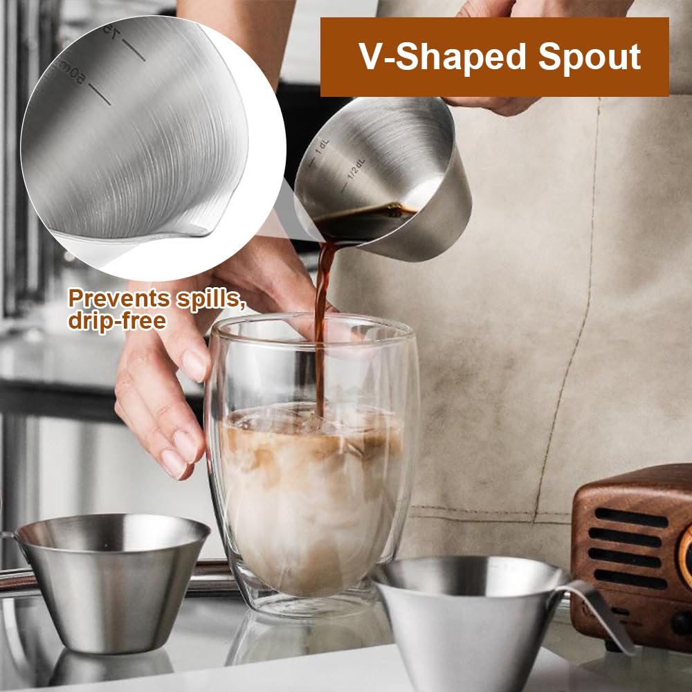 2-częściowy kubek z miarką do espresso z uchwytem, 100 ml kubek z miarką do espresso ze stali nierdzewnej, z ustami w kształcie litery V i skalą, akcesoria do kawy, do kawy, mleka, śmietany