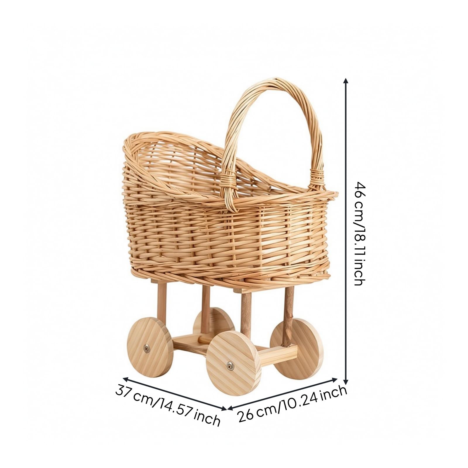 Panier Poussette Vintage en Osier Tressé Chariot Rotin Panier Bercelonnette Style Porte Bébés Poignée Haute Détails Apparents pour Vintage, Grand