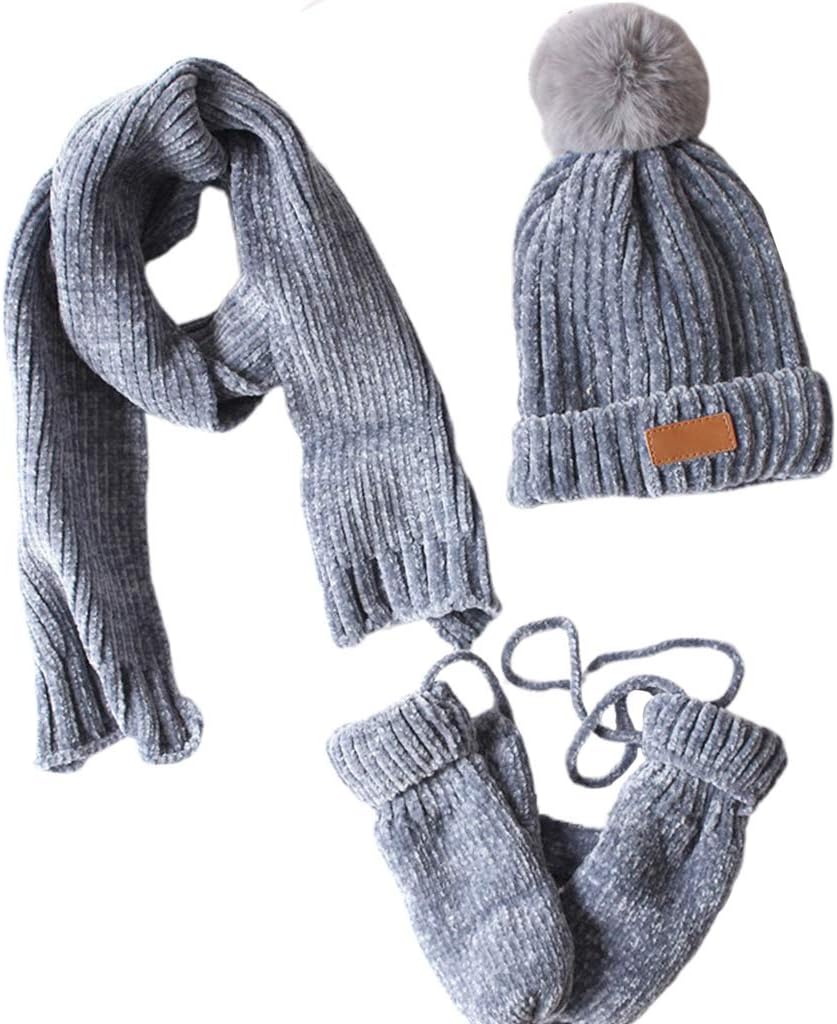 Scarf,3 In 1 Toddler Kids Winter Ribbed Knit Warm Hat Scarf Gloves Set Solid Color Beanie Cap Shawl Mittens Scarf