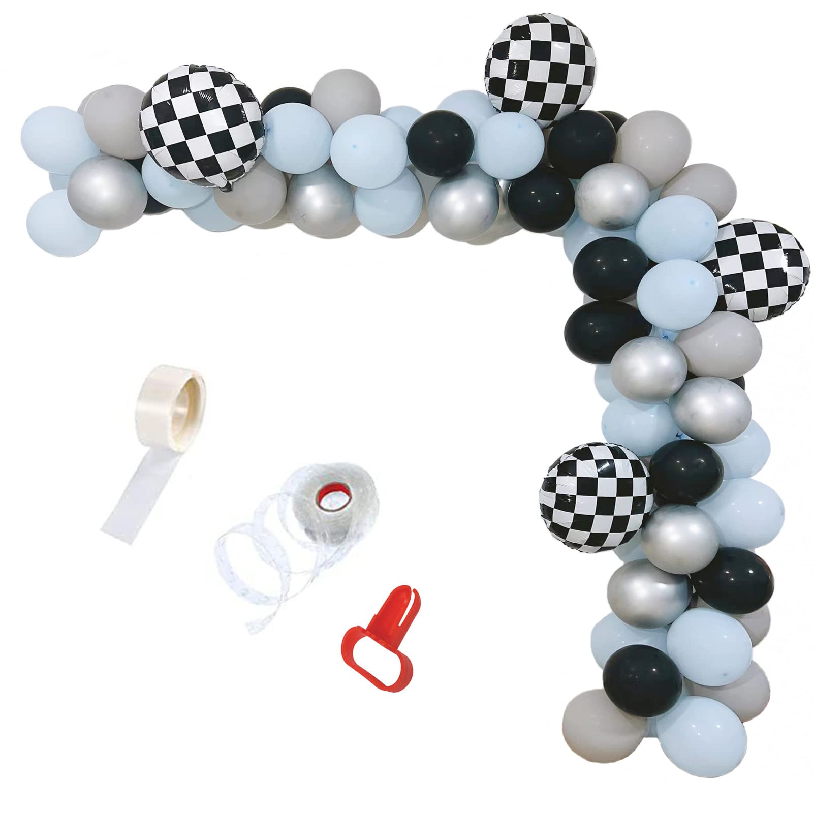 MANGUO Race Car Balloons Garland Kit Decorations Racing Cars Theme Party Supplies Checkered Foil Decor Balloon for Kids Birthday Baby Shower (Multicolor), Blue,multicolor,white,grey,silver