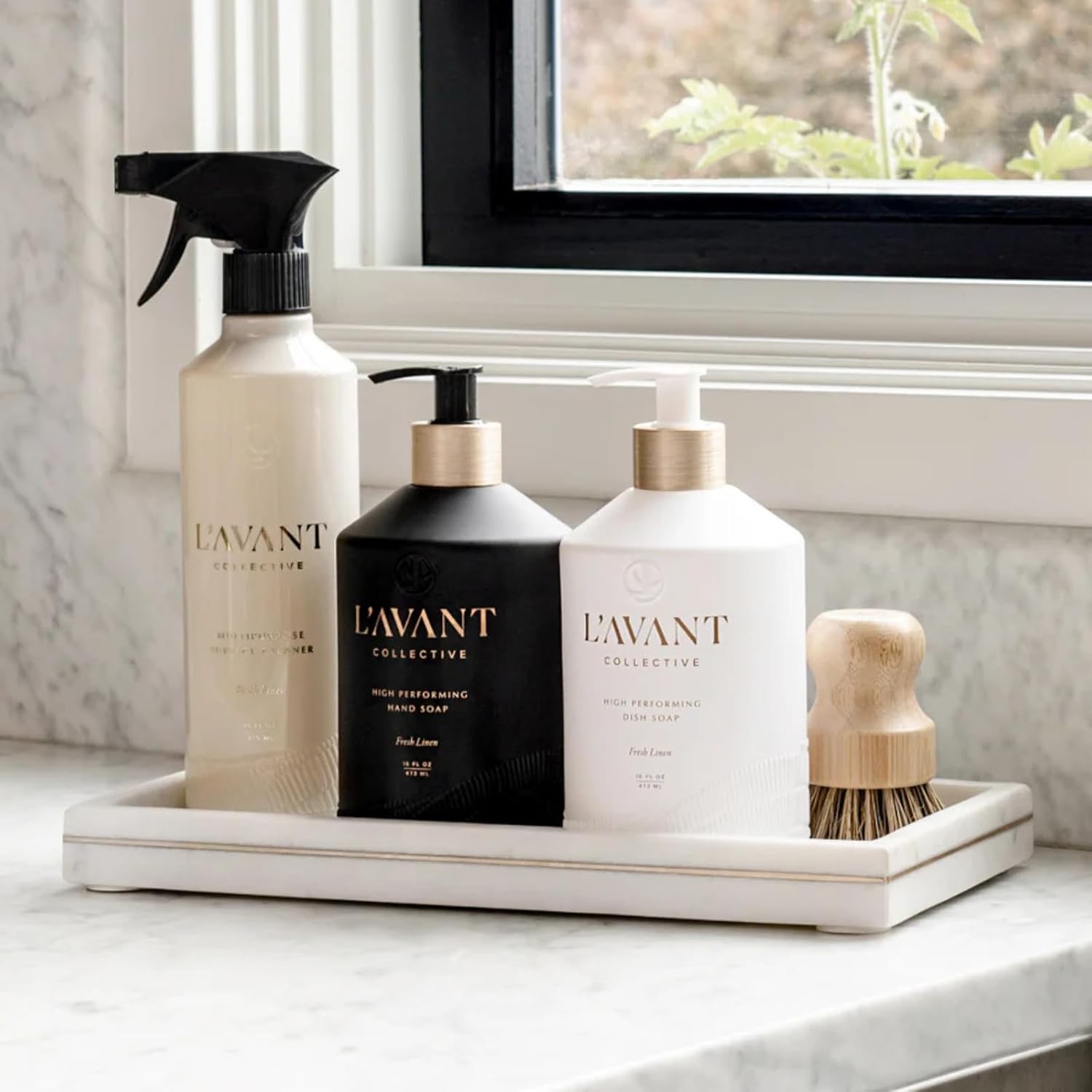 L'AVANT Collective Luxury Sink-Side Starter Bundle Includes White Marble Tray, Hand & Dish Soap, Hand Lotion in Reusable Glass Bottles & Bamboo Dish Scrubber Kitchen Hostess Gifts (Ambre Santal)