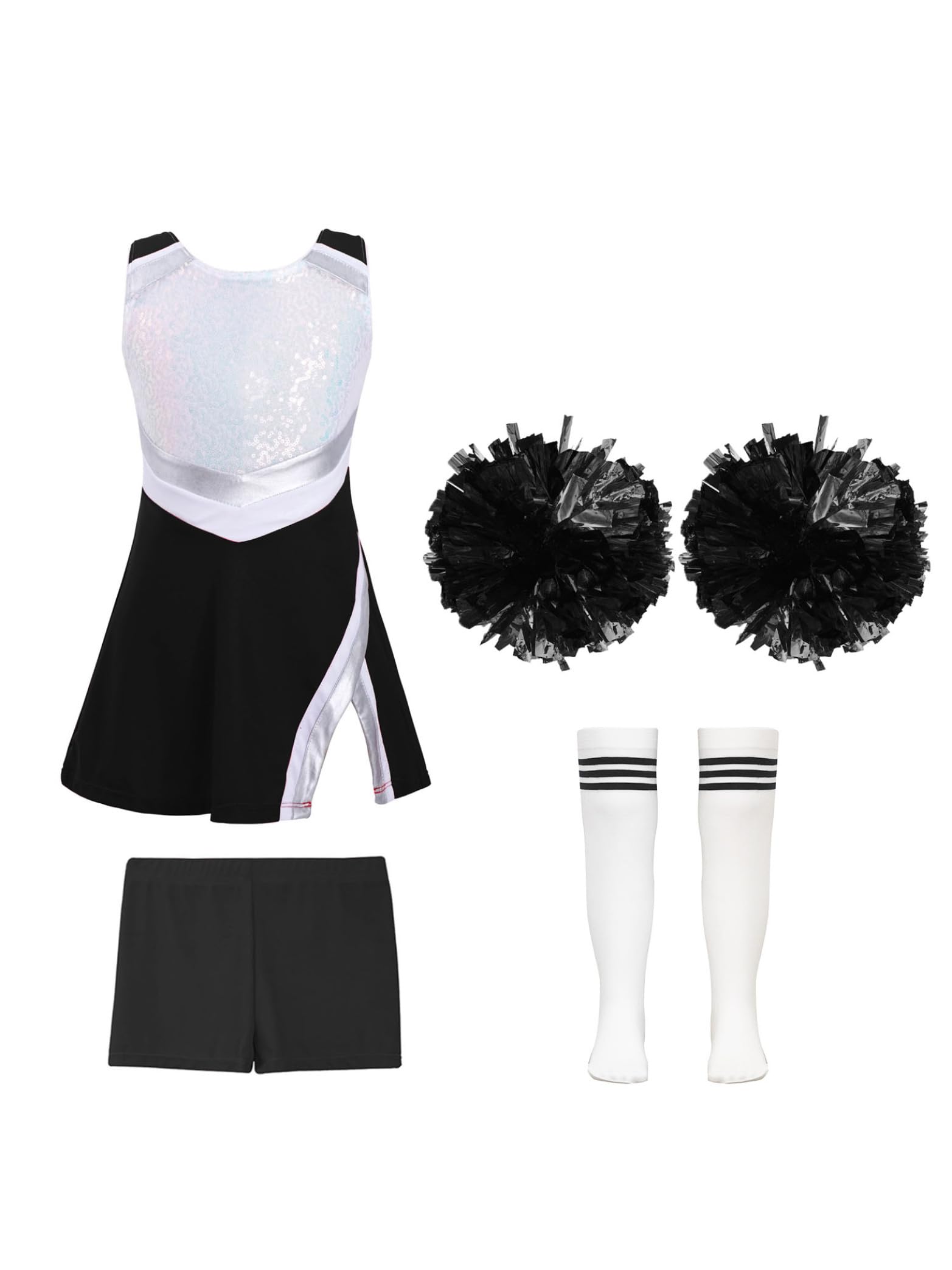 Miaeowve Kids Girls Cheer Leader Costume Cheerleading Uniform Sleeveless Shiny Sequin Dress with Shorts Set Dance Outfit A White&Black 9-10 Years
