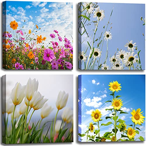 Image of Colorful Floral Canvas Wall Art for Bathroom Decor, Yellow,Purple and White Flowers Artwork Prints Modern Pictures Framed for Living Room Bedroom Office Decoration - 12 inch X 12 inchx4 Pieces