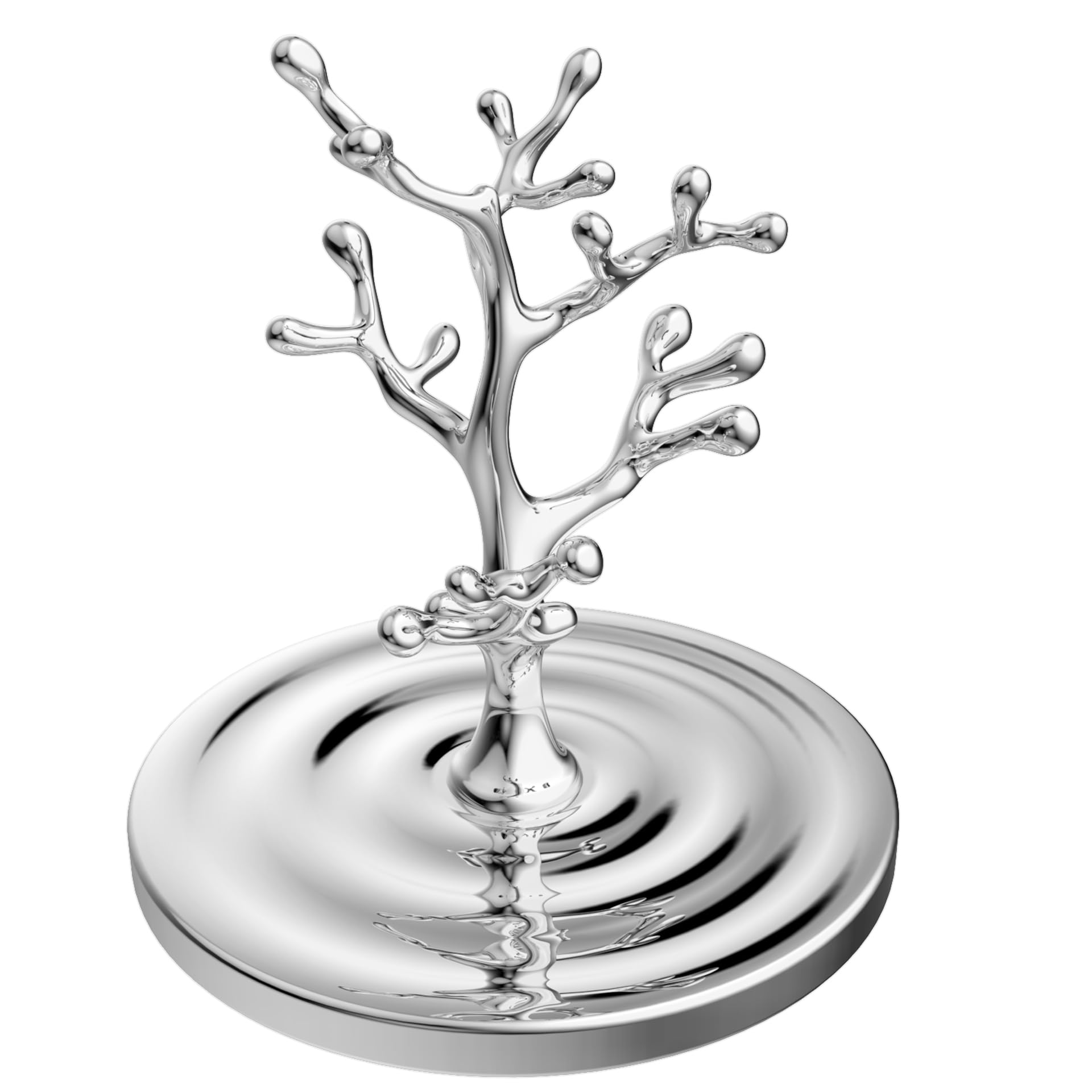 QAP Ripple Tree Jewelry Stand & Ring Dish - Solid 304 Stainless Steel Jewelry Holder for Rings, Bracelets, Short Necklaces - Modern Silver Sculpture