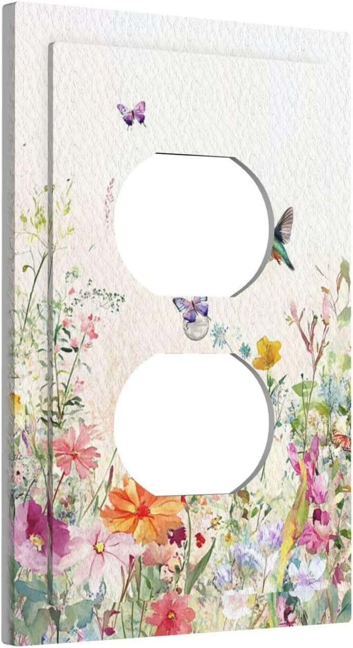Decorative Outlet Covers with Watercolor Garden Blooming Flowers Hummingbirds & Butterflies Design 1 Gang Duplex Light Switch Cover Plate Unique Wall Plates Switchplate Cover for Bedroom