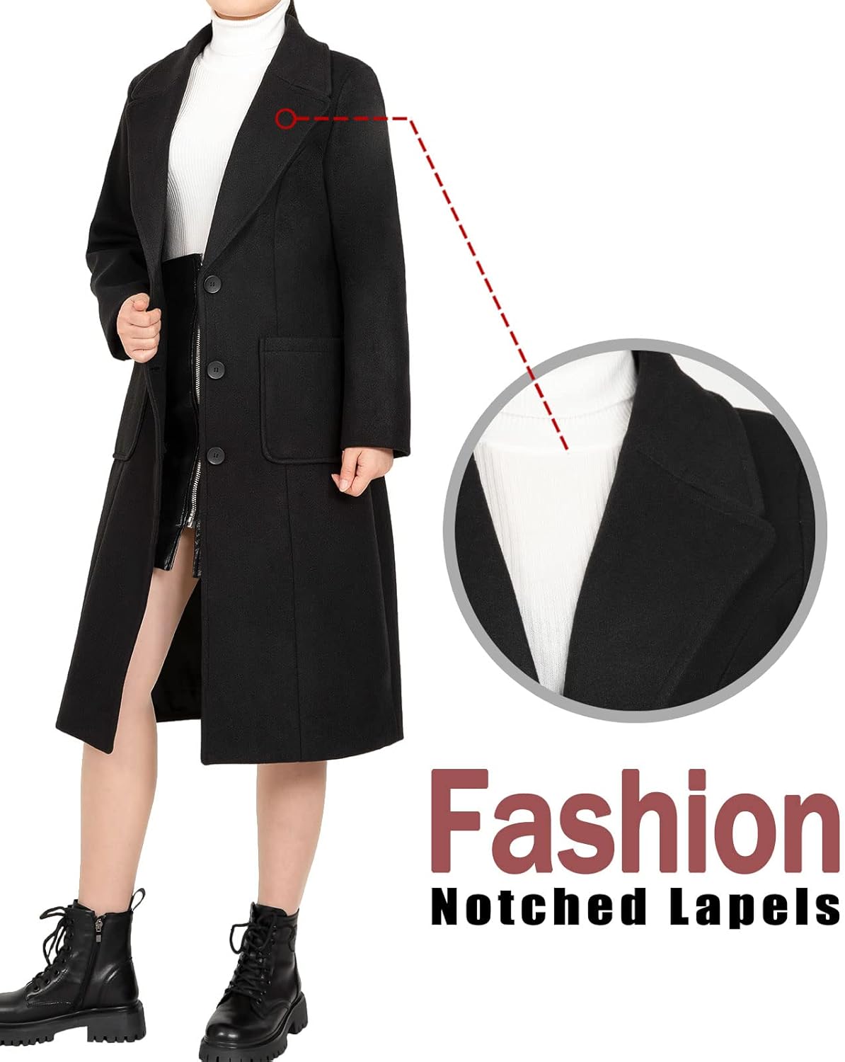 Bonnorth Women's Wool Blend Single Breasted Mid-Long Pea Coat Fall Winter Essential Notched Collar Overcoat