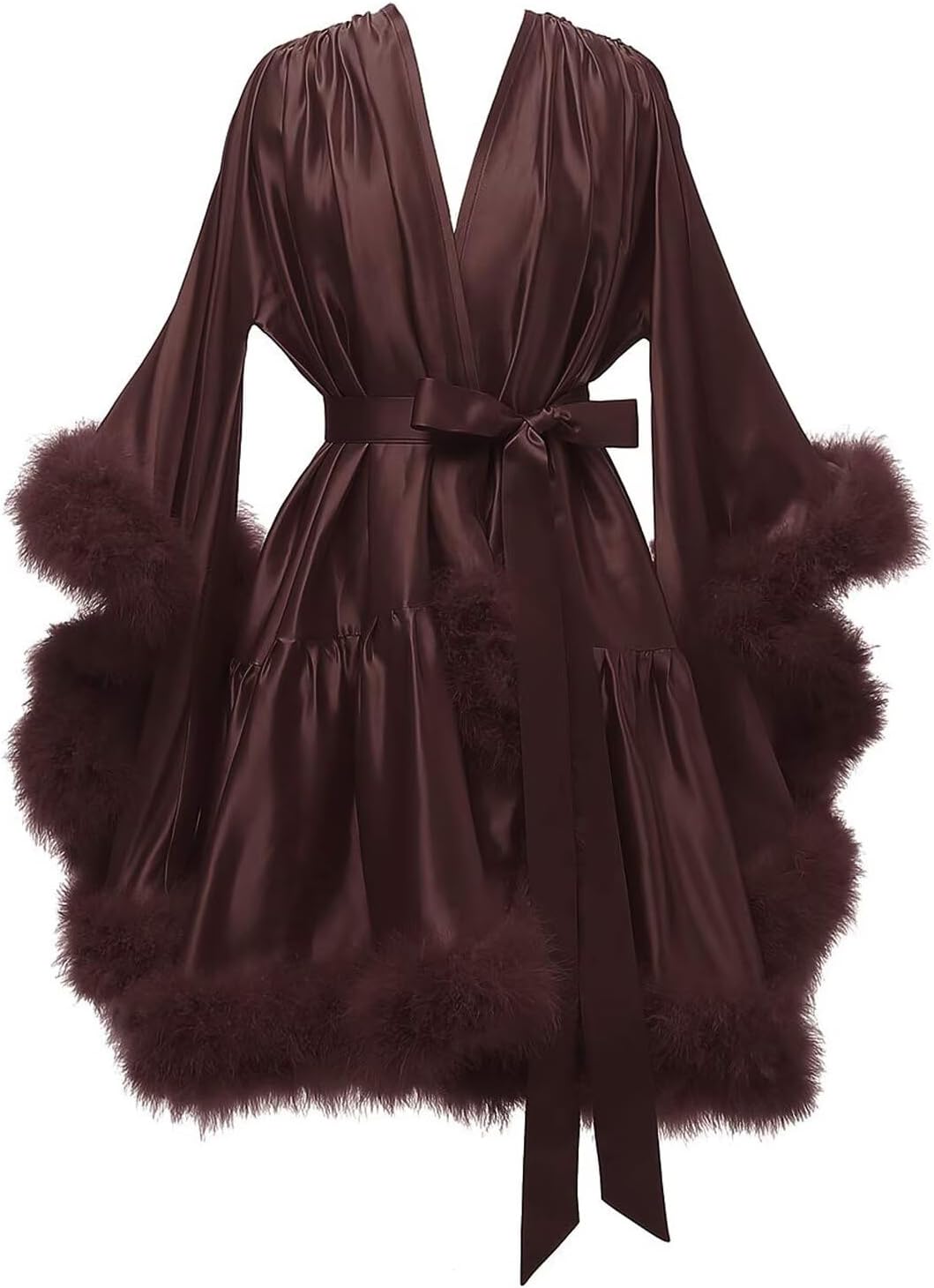 Women's Feather Fur Robe Silk Satin Bridal Dressing Gown Short Lingerie Nightgown Bathrobe Sleepwear Maternity Robe