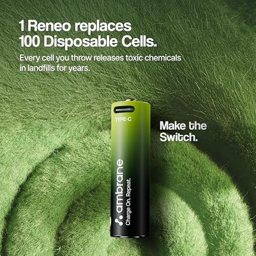 Image of Ambrane AA Type C Rechargeable Batteries, Pack of 2, 1850mAh Lithium Ion Battery, Charge with Any Type C Cable & Adapter, No Separate Charger Required, Save Environment & Money (Reneo, Green)