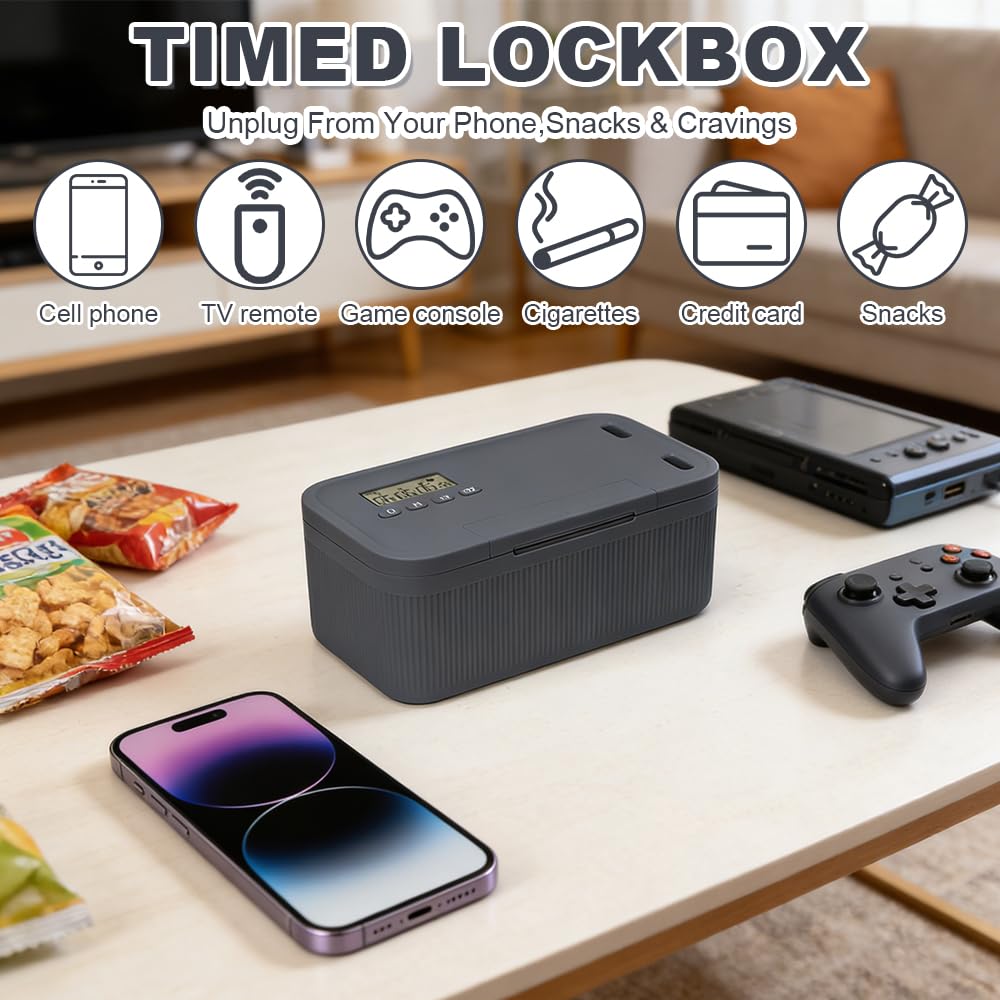 Coffre-fort Sécurisé avec Minuterie, Boîte de Rangement Verrouillable avec Minuteur, Boîte de Verrouillage pour Téléphone Portable avec Minuterie pour Cuisine, Maison, Réfrigérateur, Voyage