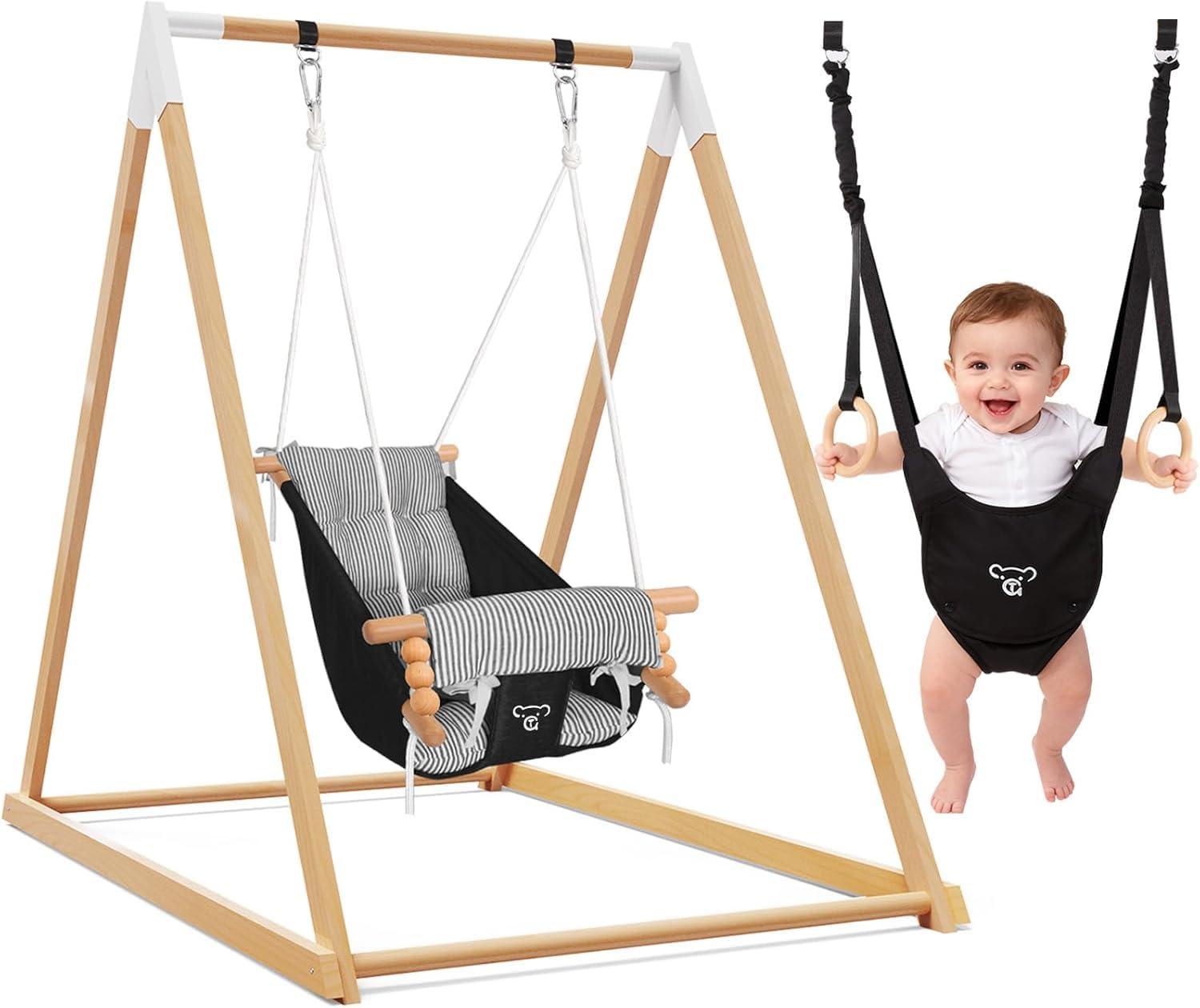 2-in-1 Türhopser Baby und Schaukel, Montessori-Holzschaukelset mit Gestell für drinnen und draußen, Baby-Hüpfer und Hängemattenschaukel mit 5-Punkt-Sicherheitsgurt, Geeignet für Kinder bis 3 Jahre