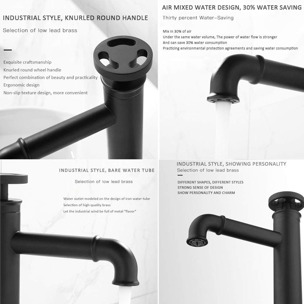 Rubinetto per lavabo da bagno rustico retrò industriale miscelatore per bacino rubinetti in ottone monoforo singolo rubinetto per lavabo bagno bagno decorazione hotel rubinetti lavandino, nero, alto
