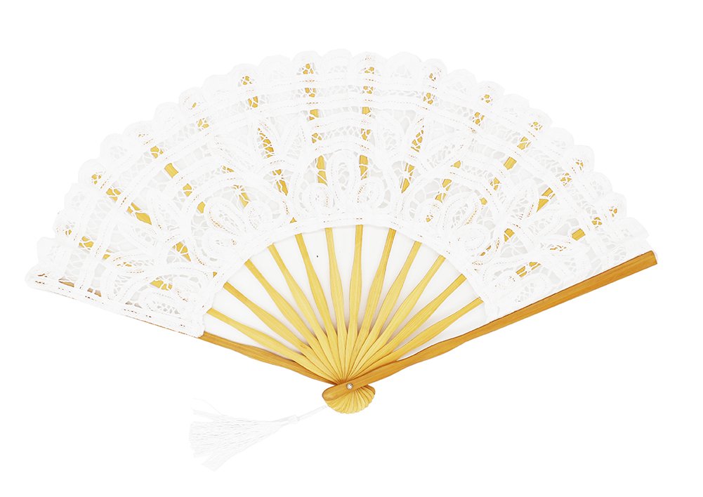 Fennco Styles Handmade Crochet Cotton Lace with Tassels Wedding Bridal Decoration Hand Folding Fan (White)