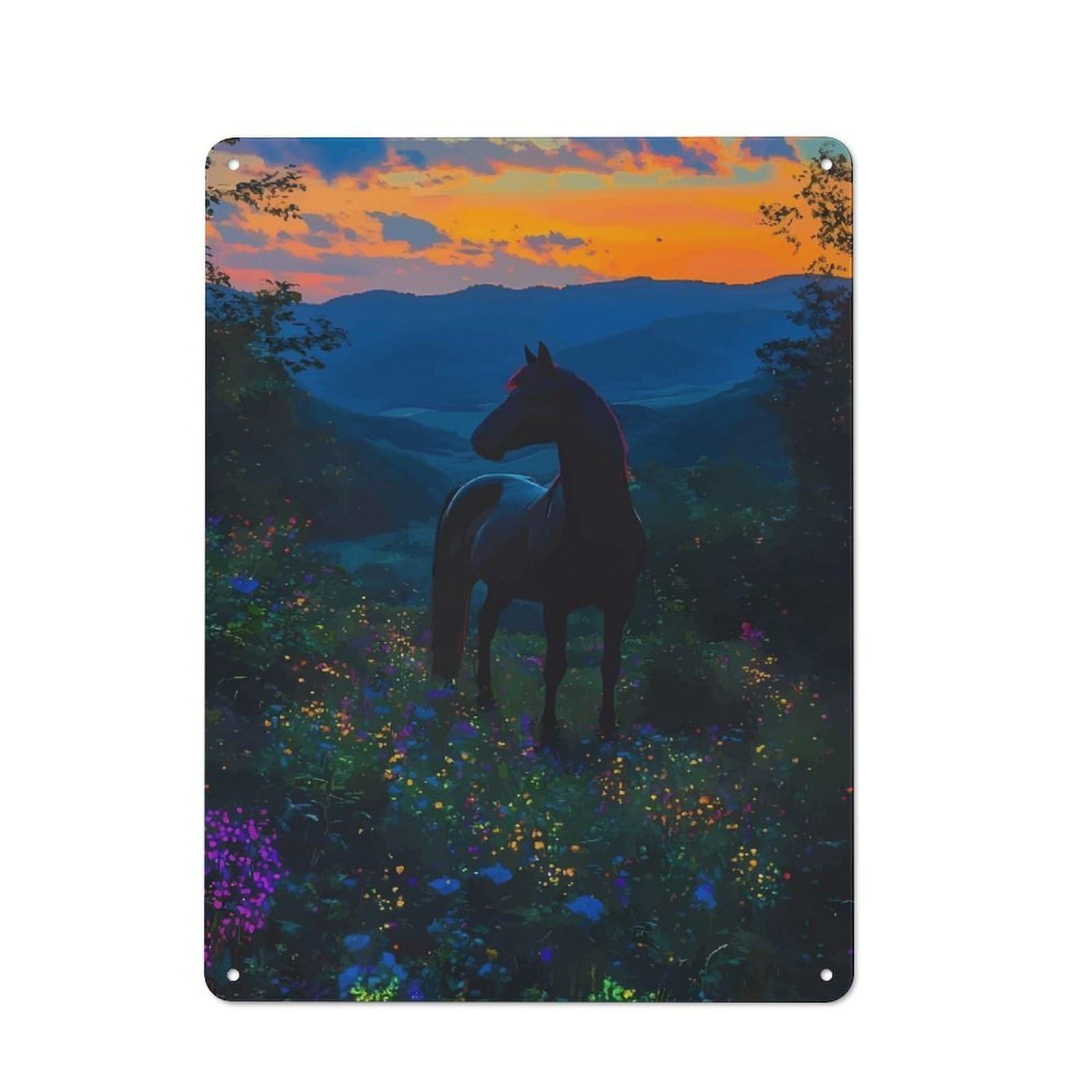 Junmoney Style-23 Metal Wall Plaque With Horse In A Field Of Flowers Design 40X30cm, Retro Room Wall Plaque For Home, Shop, Pub Or Studio Wall