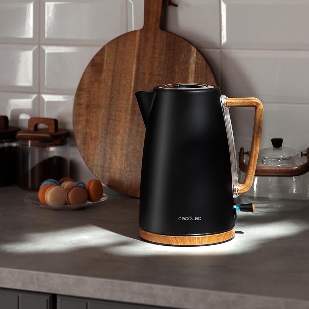 Cecotec Bouilloire Electrique 1,7L ThermoSense 200 Woody. Bouilloire 2200 W, Capacité 1,7 L,Ébullition Rapide, Inox Alimentaire, Filtre Anticalcaire,Arrêt auto, Base Pivotante 360°, Design Effet Bois