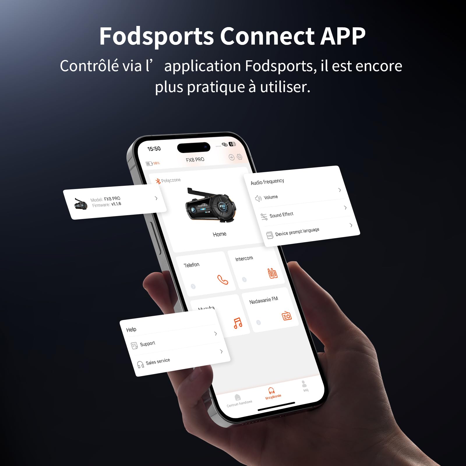 Fodsports FX8 Pro Intercom Moto Bluetooth avec Système de Communication jusqu'à 10 Motards, Partage de Musique, Radio FM, Appairage Rapide, Annonce Vocale en 7 Langues et Pilotage Via Application