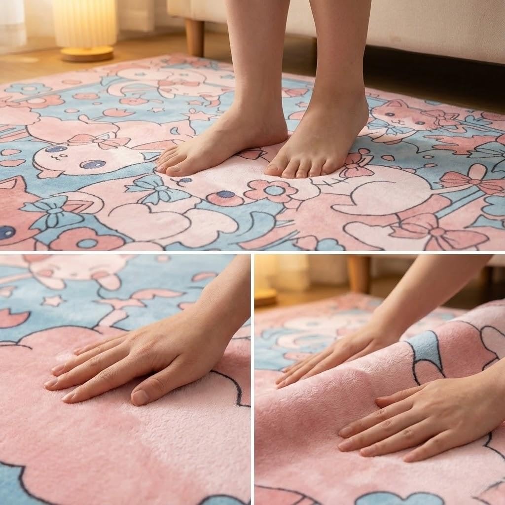 5X7 Area Rugs for Living Room, Machine Washable Non Slip Cartoon Rugs, Low Pile Lightweight Cute Cat Bow Floral Pink Rug for Kids Room,Bedroom, Dining Room