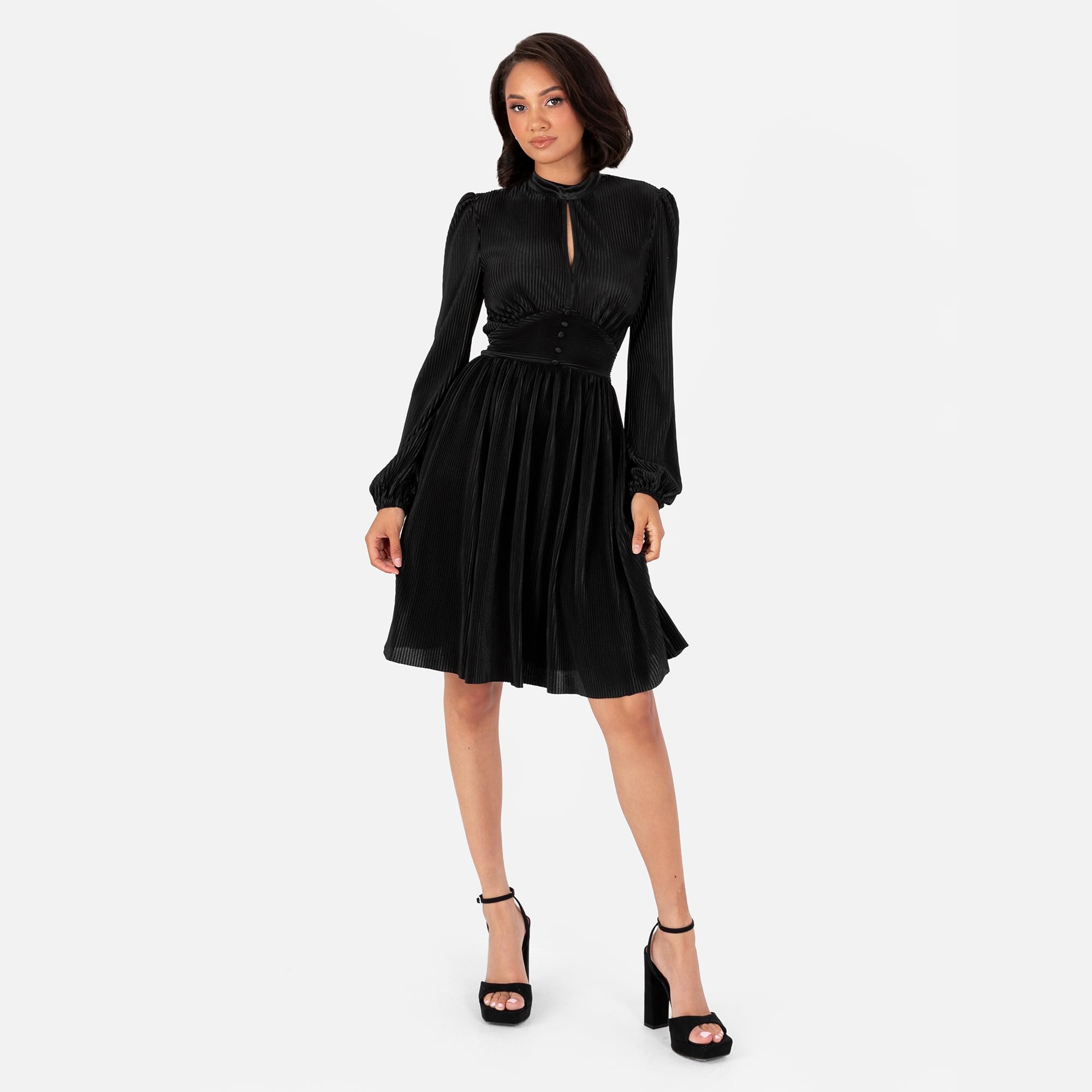 Lovedrobe Women's Mini Dress Ladies Long Balloon Sleeve High Neck Keyhole Detail Fit And Flare Plissé Cocktail Evening Occasion