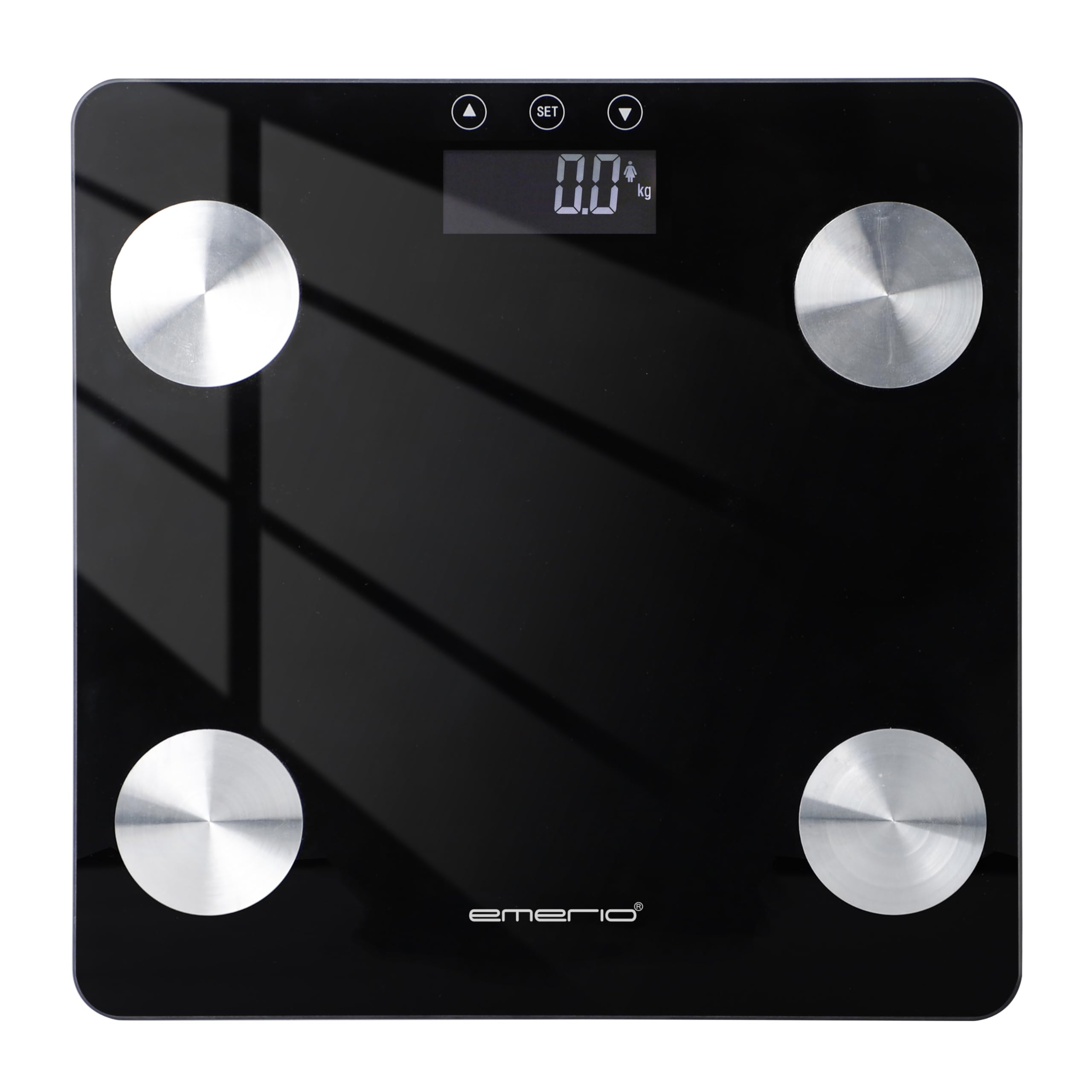 Emerio Negro Báscula De Baño Digital, Grasa Corporal - Masa Muscular - Masa Ósea - Imc, Sensores Precisos, Incluye 2 Pilas Aaa, Máx. 180 Kg, Memoria, Apagado Automático, 28X28x2.4cm, Br-125479
