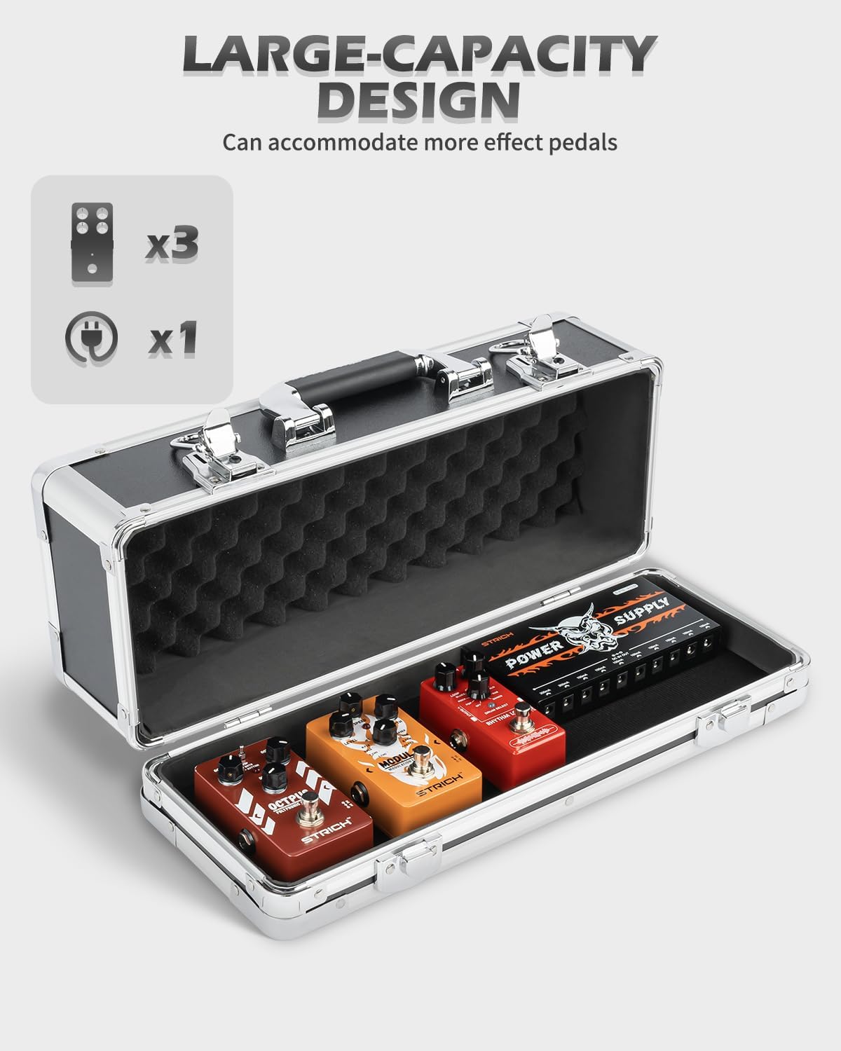 STRICH Guitar Pedal Case MINI+16, 16.54" x 6.30" x 5.51" Deep Aluminum Locking Effect Pedal Case with Mounting Tape, Compatible with Single Pedals & Multi-Effects