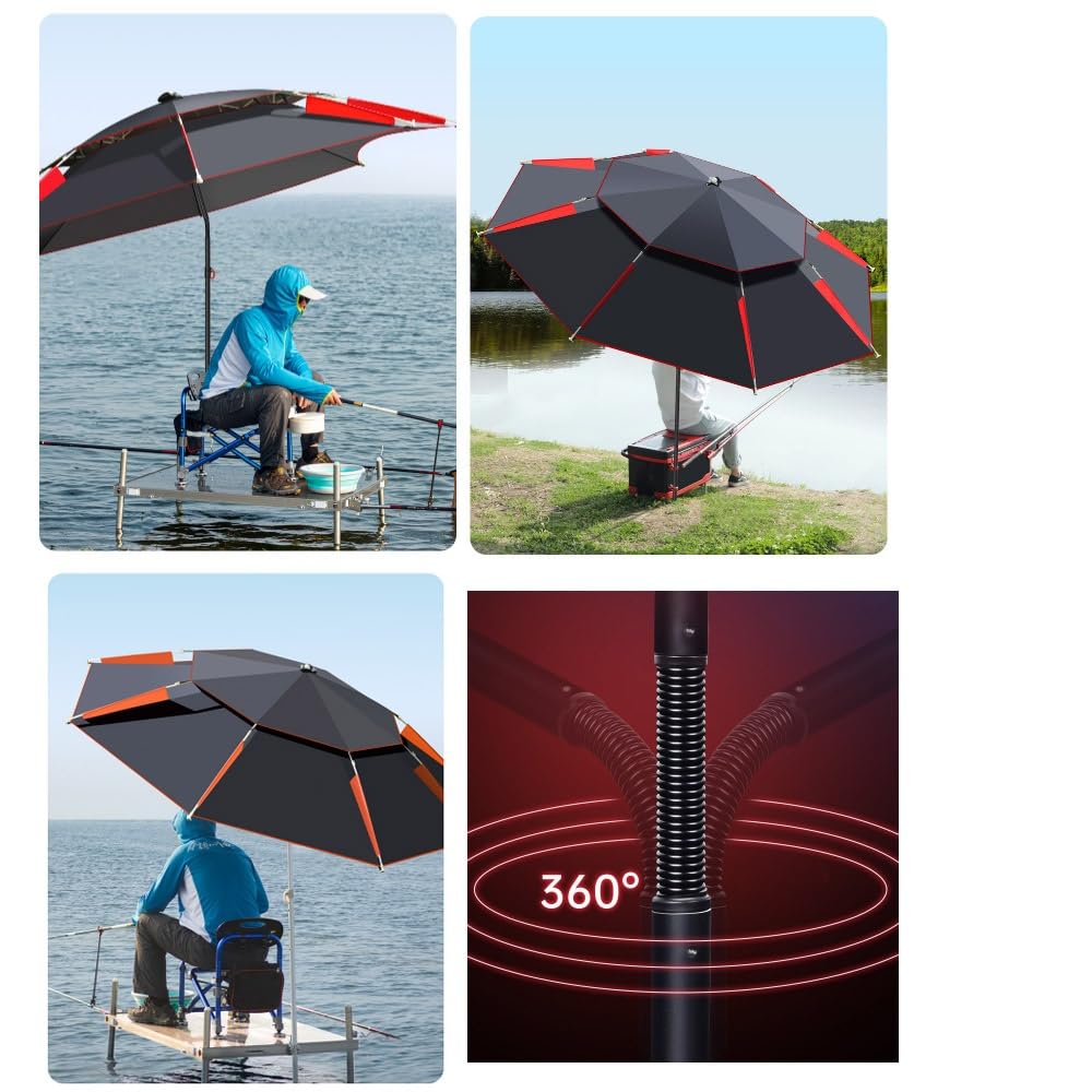 Angelschirm Im Freien Windschutz Strandschirm 180/200/220/240/260cm Angeln Sonnenschirm 360°Neigbar Für Picknick, Camping(Black-red,260cm/8.5ft)