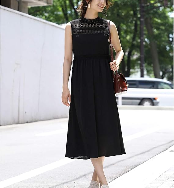 Amazon Co Jp ビス Vis ショルダーレースノースリーブワンピース ブラック 01 F 服 ファッション小物