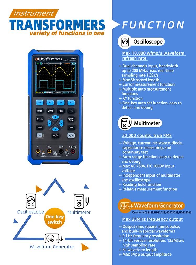 Owon HDS2202S Digital Oscilloscope +Waveform Generator +Multimeter USB 2 Channels 200mhz Osciloscopio Tester Meter