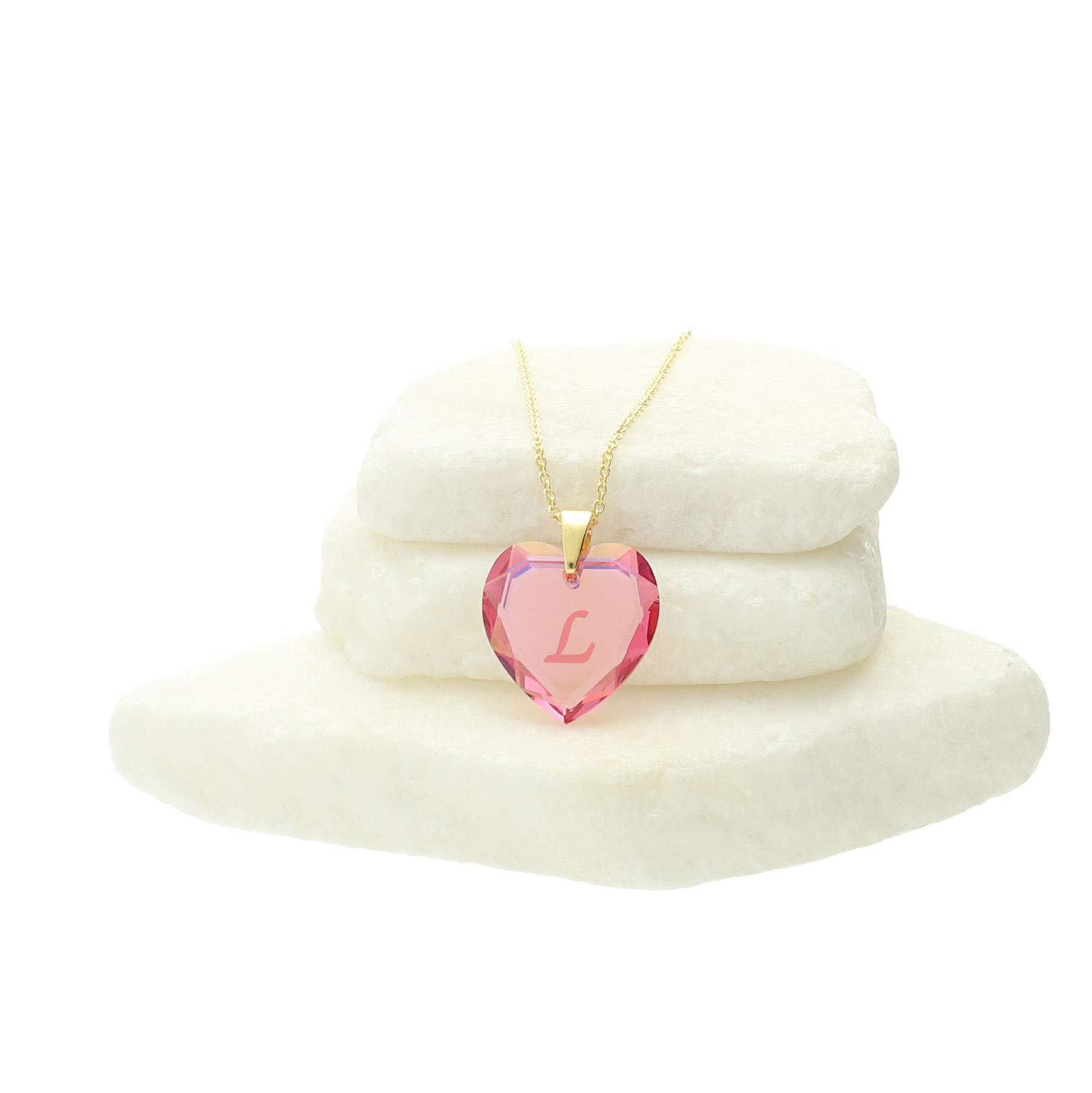 Collana da donna in argento 925 placcato oro con Swarovski Elements, ciondolo a forma di cuore Rosé AB e lettera A - Z